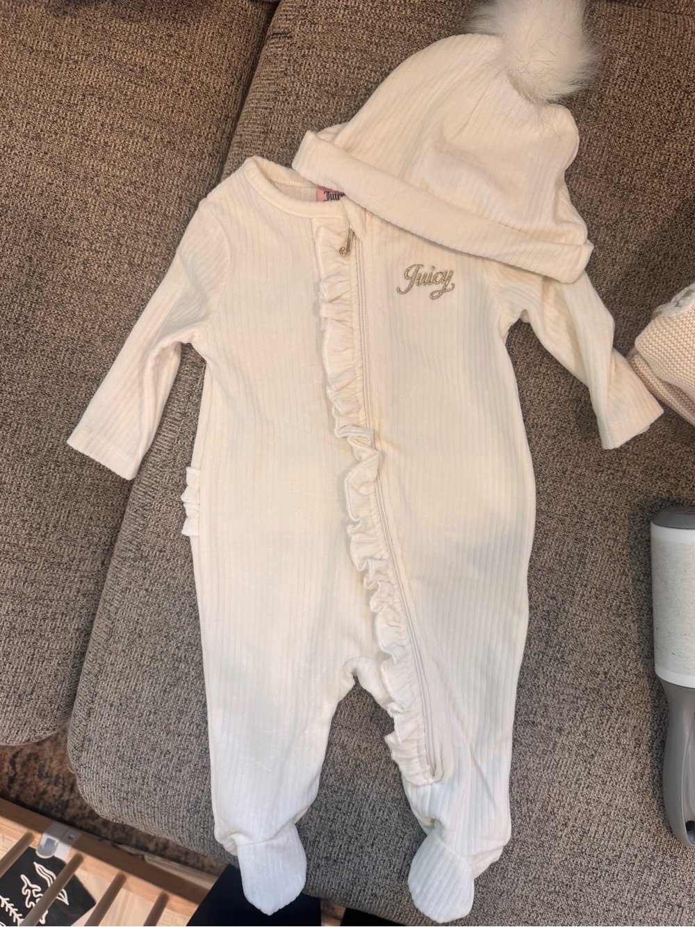 Juicy Couture Cream Ruffle Footed One-Piece with Pom Hat